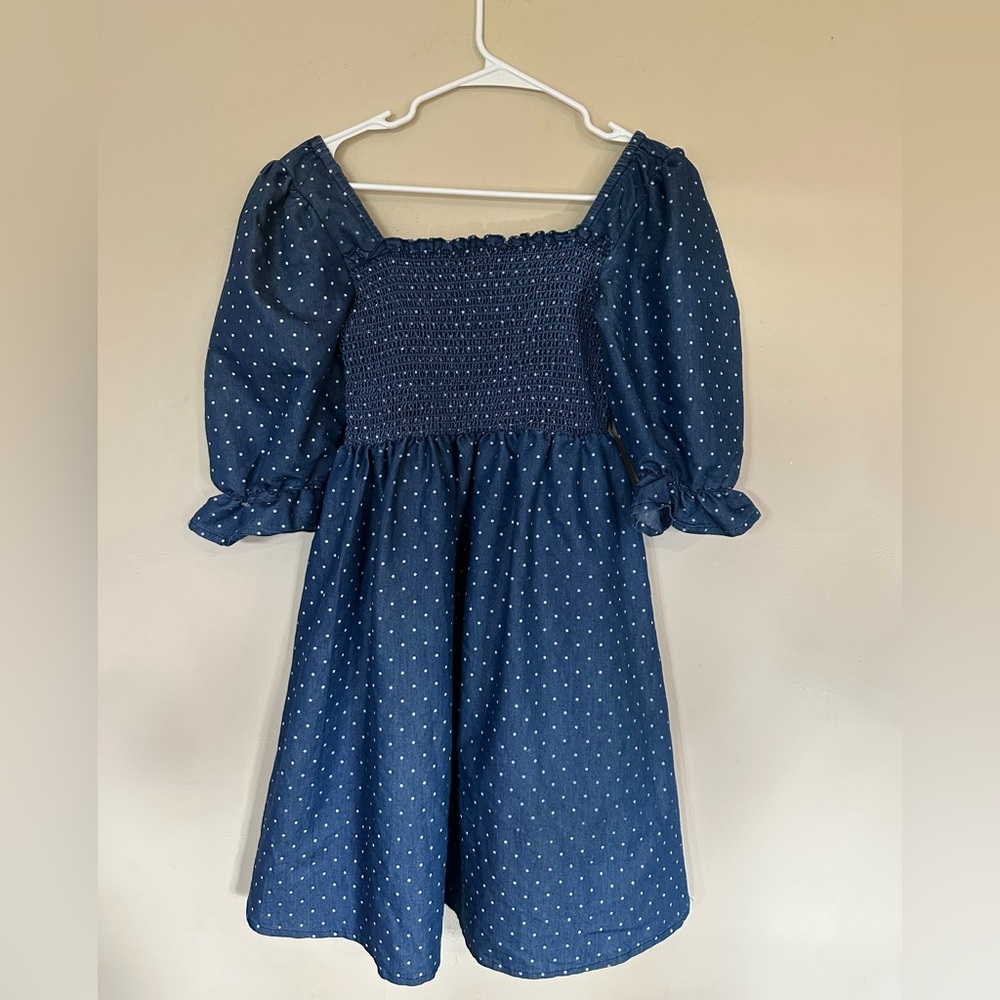 Kings Road Smocked Square Neck Blue Polka Dot Dress - Picture 3 of 5